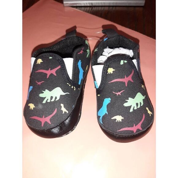 Infant Size 2 Black Canvas Dinosaur Slip On Soft Elastic Side Shoes - Picture 1 of 4